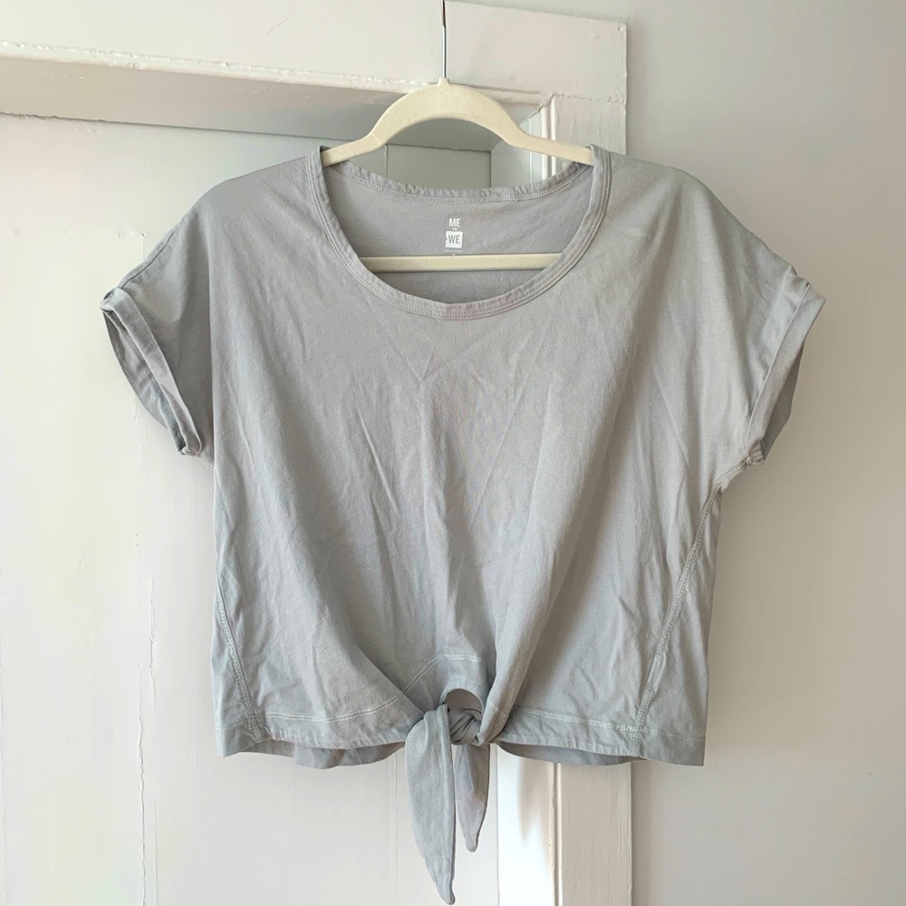 Copped tie-front cotton tee, grey, medium